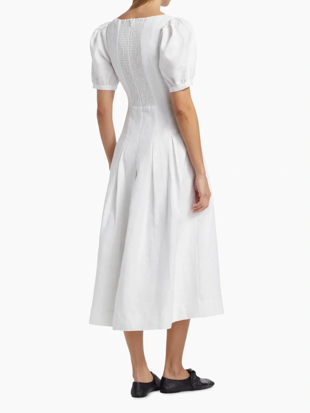 Reformation White Linen Square-Neck Midi Dress with Puff Sleeves - Picture 3 of 10